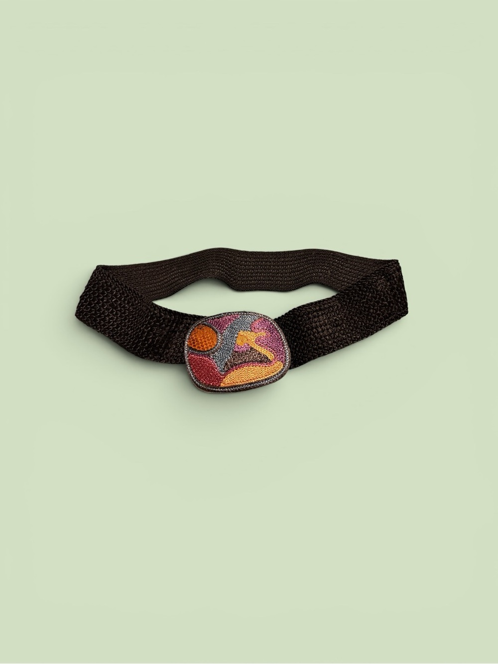 Vintage 80s Artisan Stretch Belt Made in USA Embroidered Abstract Buckle Black
